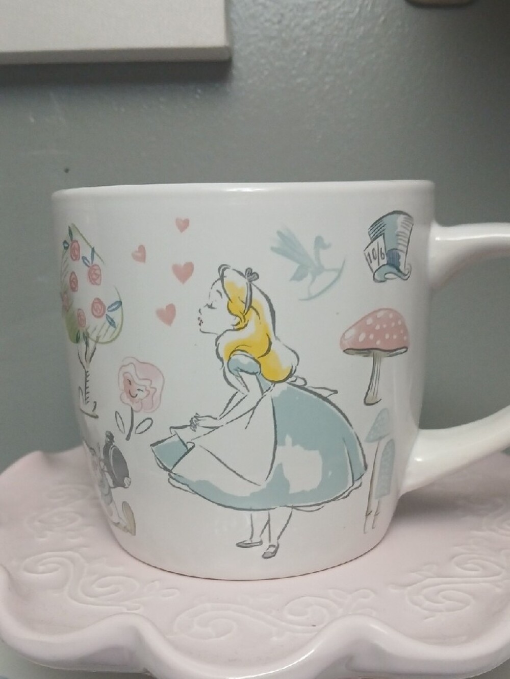 Alice in Wonderland Ceramic Mug - White with Pastel Blue Accents NWOT - Picture 2 of 5